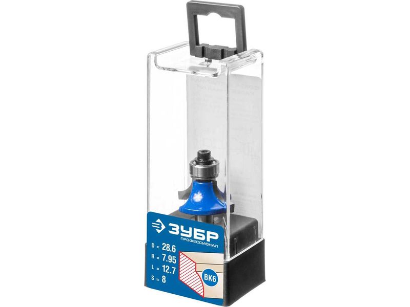 Фреза кромочная калевочная №1, D- 28,6мм, рабочая длина-12,7мм, радиус-7,95мм, хв.-8мм, d-12,7мм, ЗУБР Профессионал