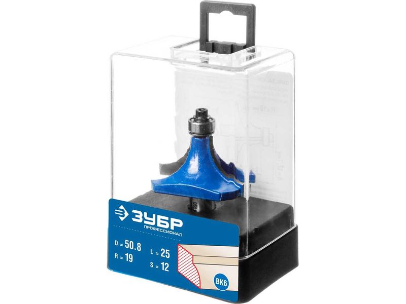 Фреза кромочная калевочная №1, D- 50,8мм, рабочая длина-25мм, радиус-19мм, хв.-12мм, d-12,7мм, ЗУБР Профессионал