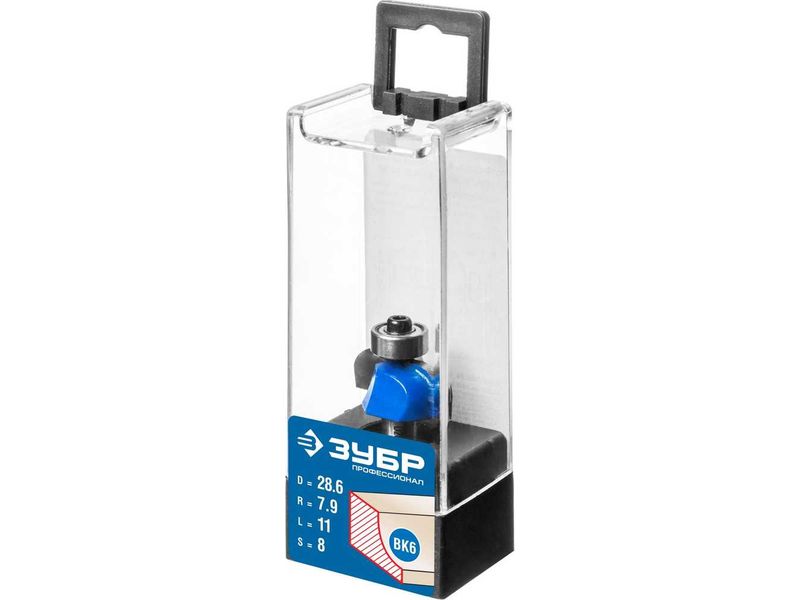 Фреза кромочная калевочная №2, D- 28,6мм, рабочая длина-11мм, радиус-7,9мм, хв.-8мм, d-12,7мм, ЗУБР Профессионал