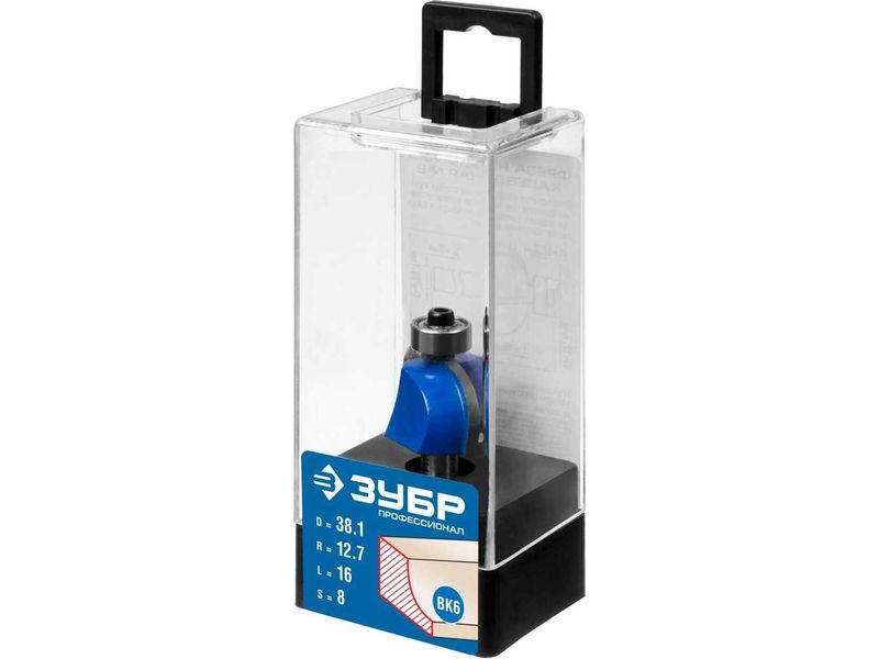 Фреза кромочная калевочная №2, D- 38,1мм, рабочая длина-16мм, радиус-12,7мм, хв.-8мм, d-12,7мм, ЗУБР Профессионал