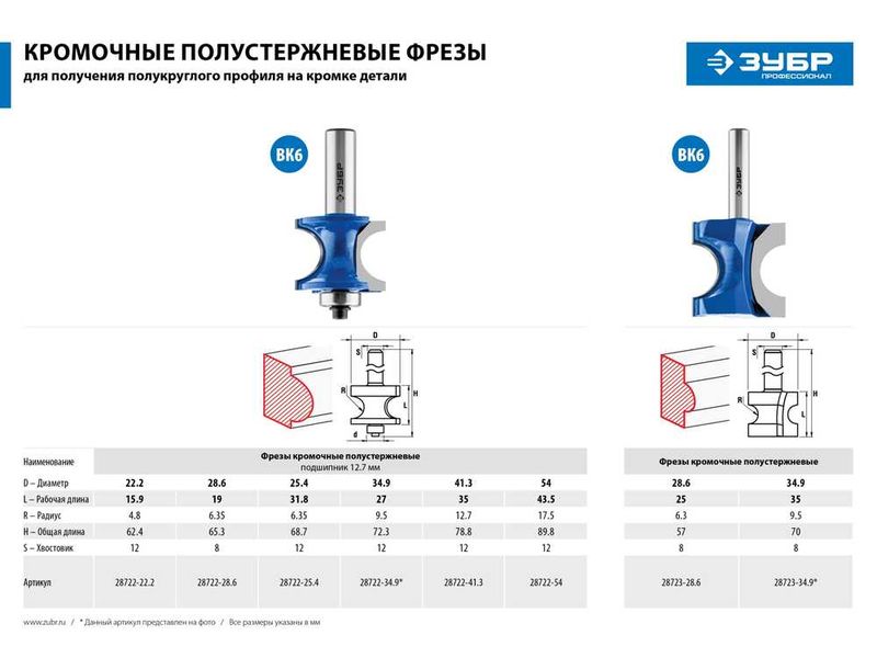 Фреза полустержневая с подшипником, D- 22,2мм, рабочая длина-15,9мм, радиус-4,8мм, хв.-12мм, d-12,7мм, ЗУБР Профессионал