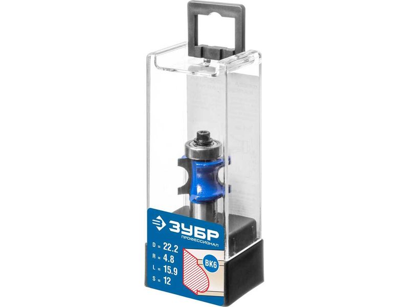 Фреза полустержневая с подшипником, D- 22,2мм, рабочая длина-15,9мм, радиус-4,8мм, хв.-12мм, d-12,7мм, ЗУБР Профессионал