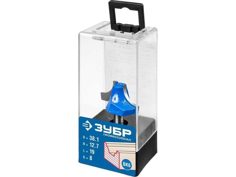 Фреза пазовая фасонная №1, D- 38,1мм, рабочая длина-19мм, радиус-12,7мм, хв.-8 мм, ЗУБР Профессионал