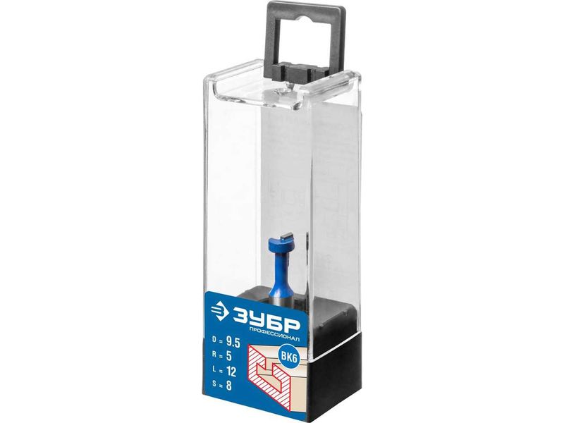 Фреза пазовая Т-образная №1, D- 9,5мм, общая длина-60мм, рабочая длина-12мм, хв.-8 мм, ЗУБР Профессионал