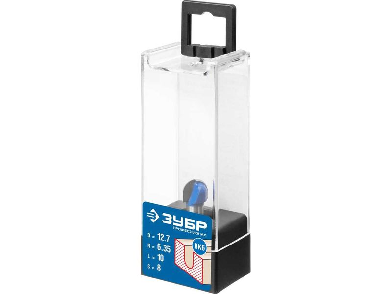 Фреза пазовая галтельная, D- 12,7мм, рабочая длина-10мм, радиус-6,35мм, хв.-8 мм, ЗУБР Профессионал