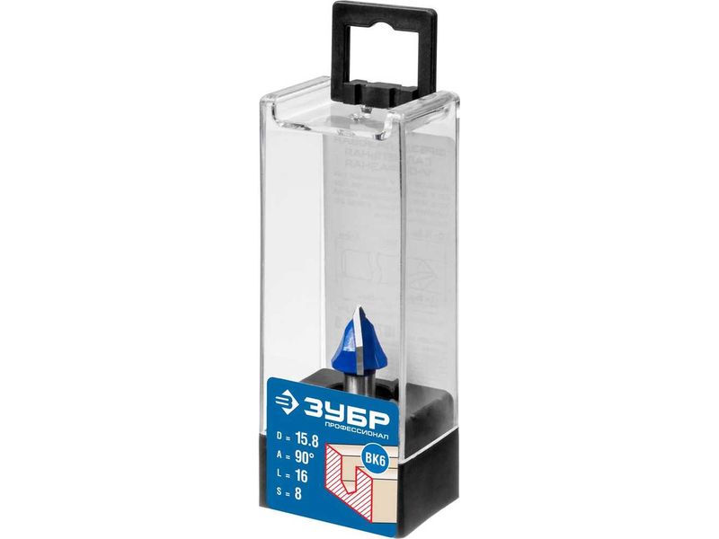 Фреза пазовая галтельная V-образная, D- 15,8мм, рабочая длина-16мм, угол-90° градусов, хв.-8 мм, ЗУБР Профессионал