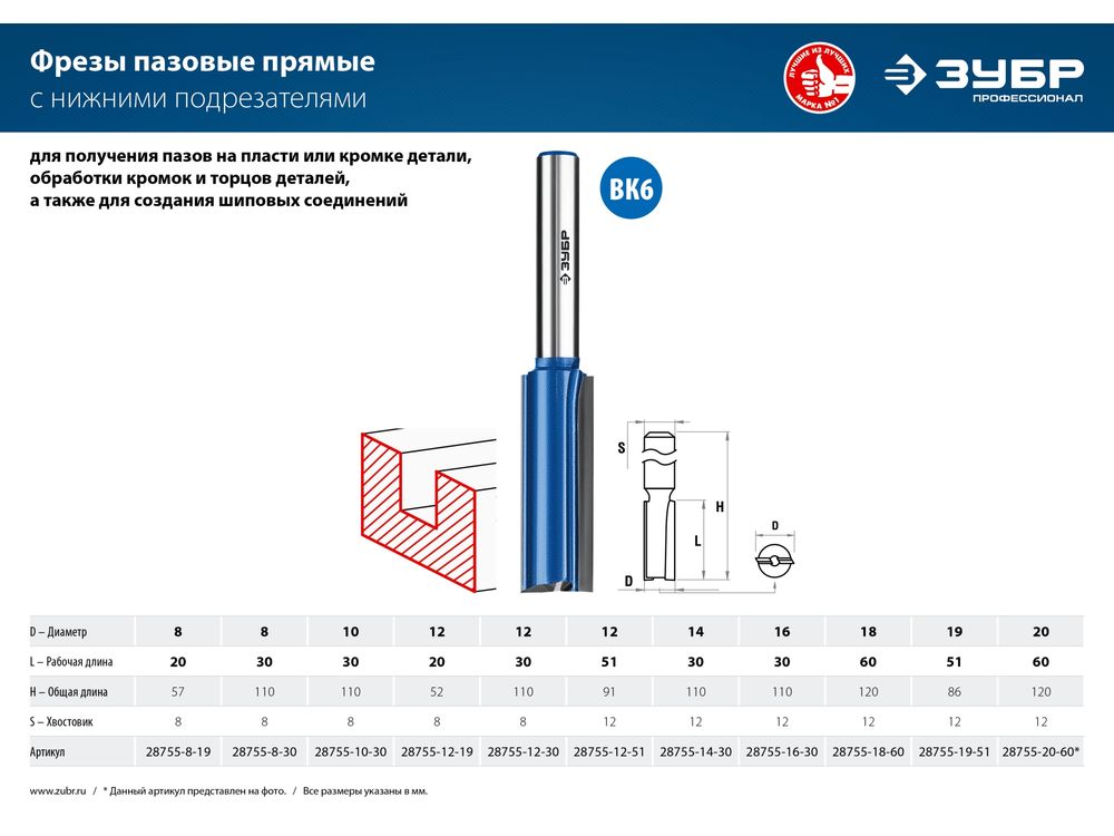 ЗУБР 20x60мм, хвостовик 12мм, фреза пазовая прямая с нижними подрезателями, серия Профессионал