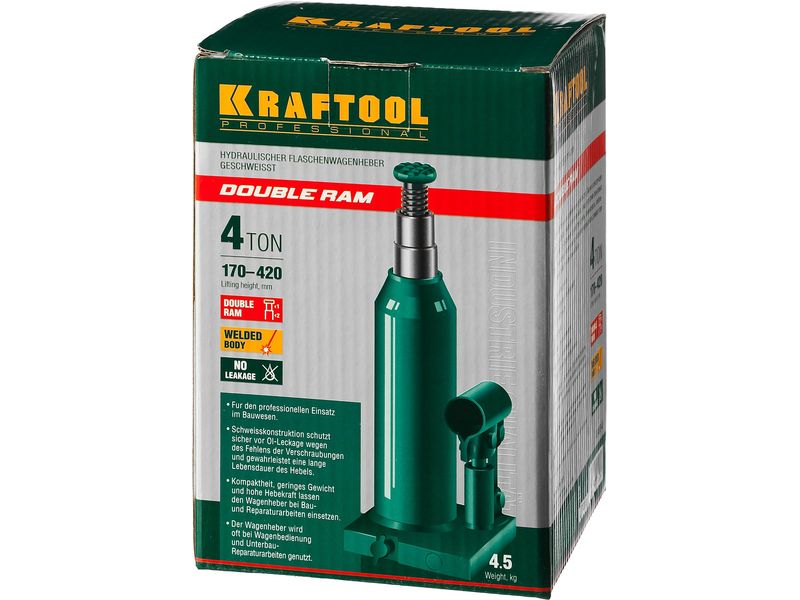 Домкрат гидравлический бутылочный Double Ram , сварной, телескопический, 4т, 170-420мм, KRAFTOOL 43463-4